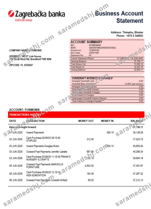 Croatian Zagrebačka Bank business firm account statement Word snd PDF format
